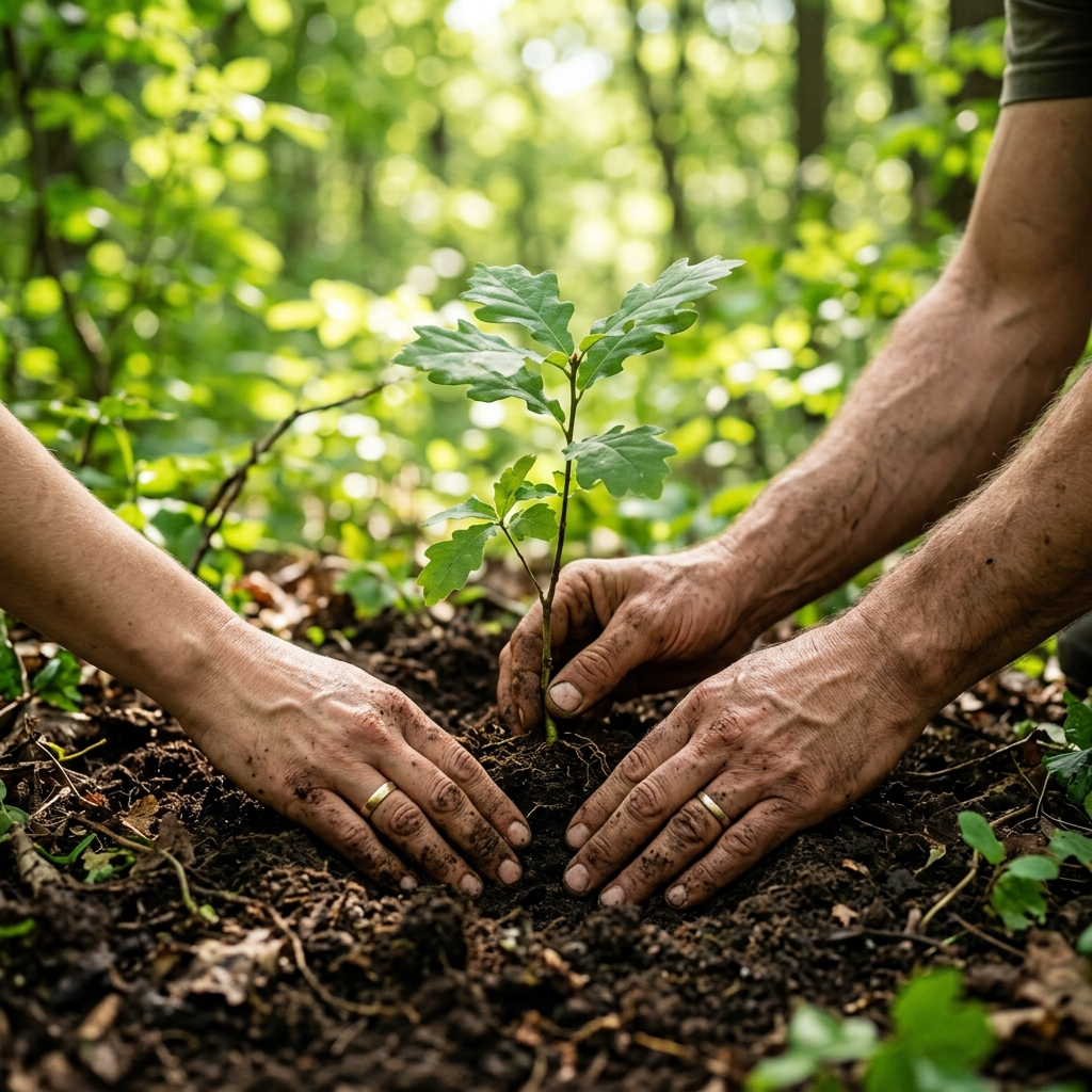 Hands planting a tree seedling